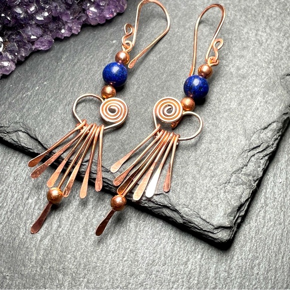 Genuine Blue Lapiz Lazuli Beaded Fringe Copper Earrings Artisan Designed - Picture 6 of 15